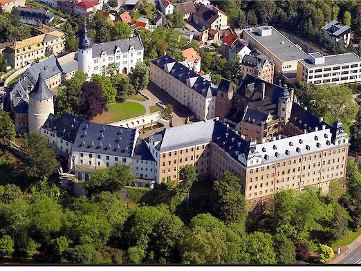 Schloss umgeben von Bäumen.